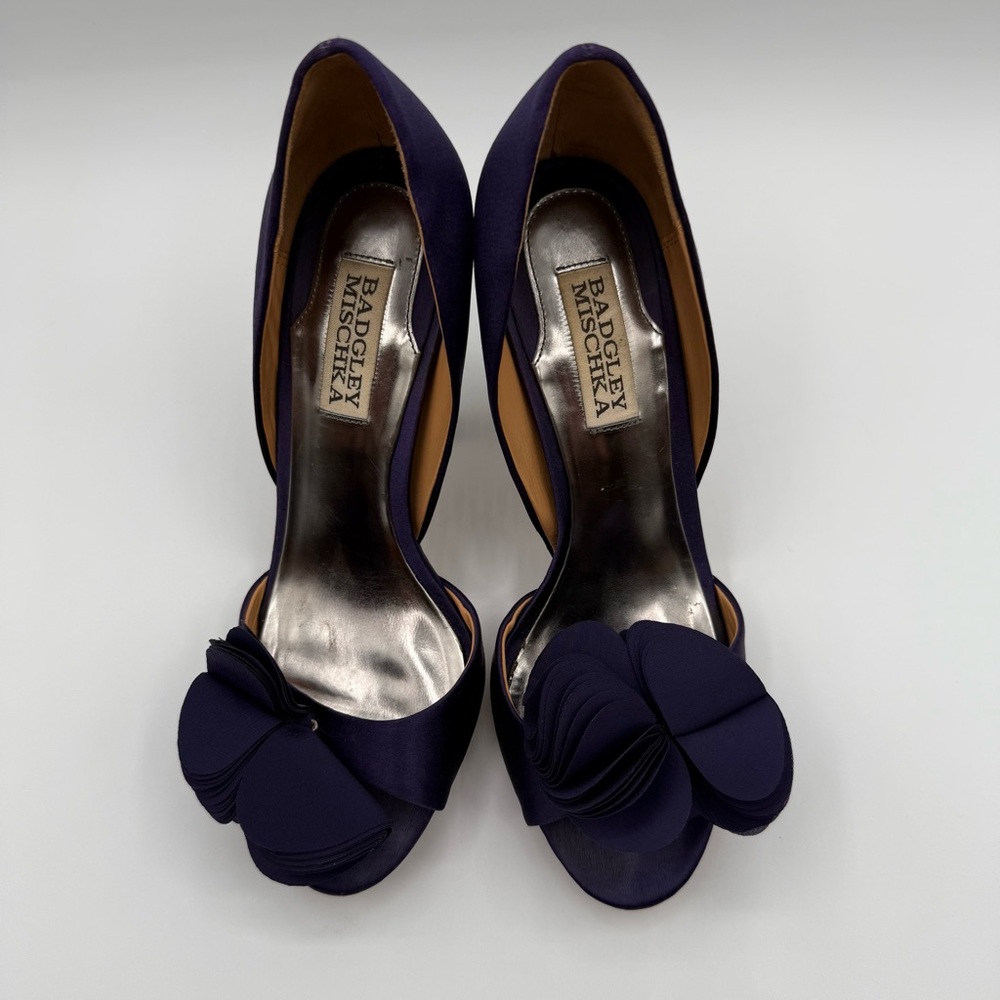 Badgley Mischka Randall D’Orsay Satin Dark Purple Heels With Layered Bow - Picture 3 of 16